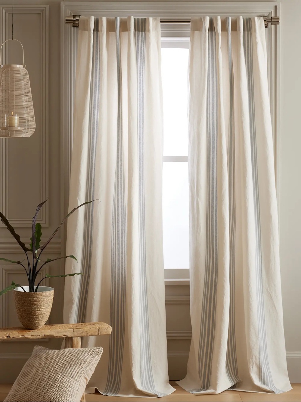 NWT QUINCE Set Of 2 48x96 Coastal Stripe Linen Cotton Curtains Ivory/Blue 9200
